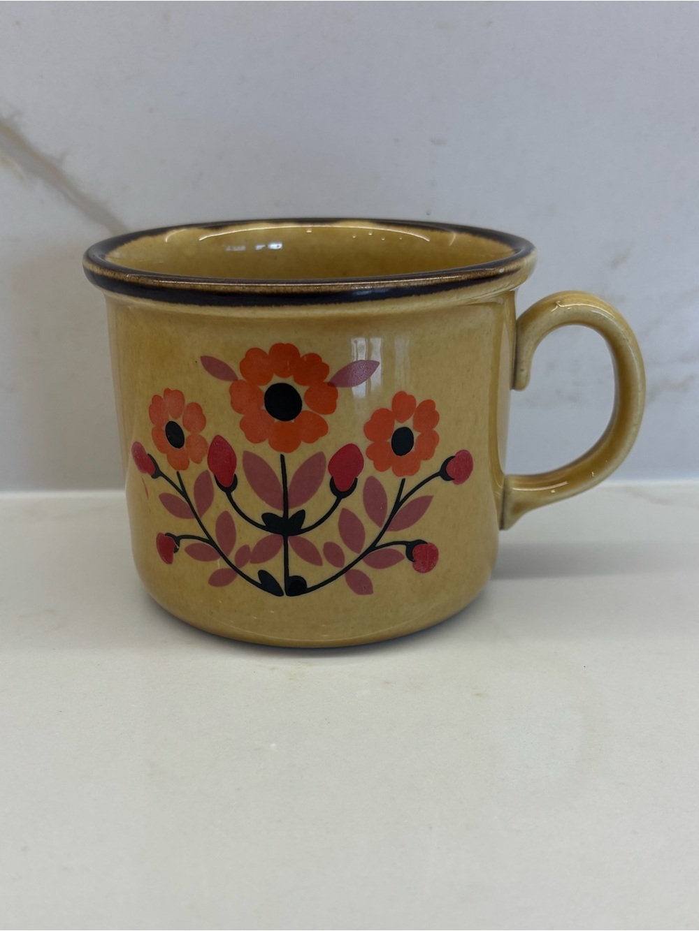 Vintage 1970s Mustard Yellow Stoneware Coffee Mug Orange Folk Art Style Flowers